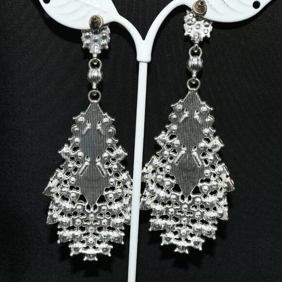 Vintage Long Rhinestone Wedding Earrings, Formal Bling 3 1/2 Inch Posts, 1990s - Picture 5 of 12